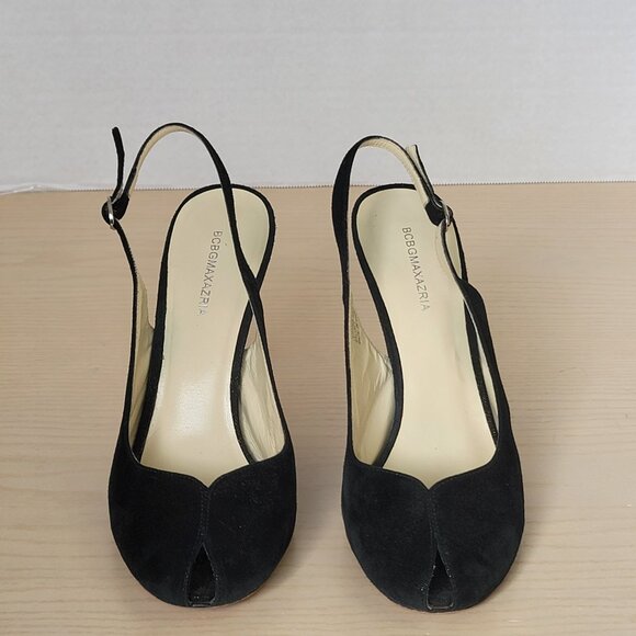 BCBGMAXAZRIA Kelly Black Metallic Leather Peep Toe Heels Size EU 39/US 8.5 - Picture 6 of 16